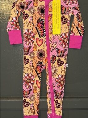 BAMBOO Pink & Orange Butterfly Floral Zip Footie